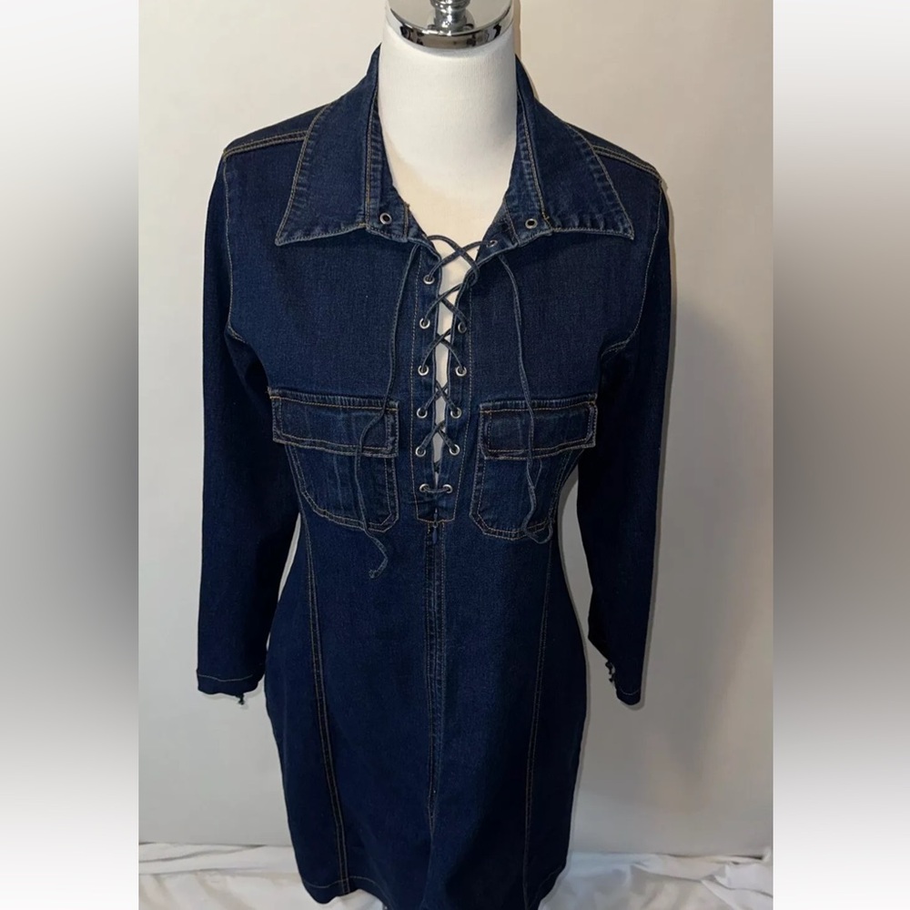 Y2K Denim Lace Up Midi Dress Lace Up Wrist Medium Blue Excellent